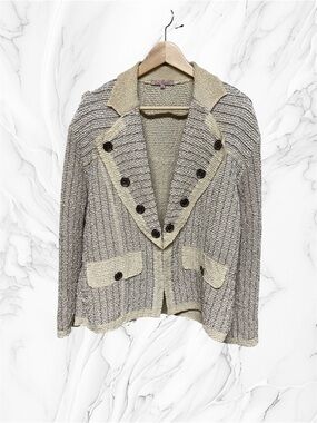 Lou Nardi boho Textured stretchy cream beige Button-Front Knit Cardigan blazer